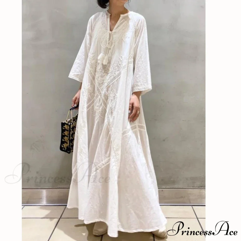 Cotton Linen Beach White V Neck Embroidered Boho Dress - Image 6