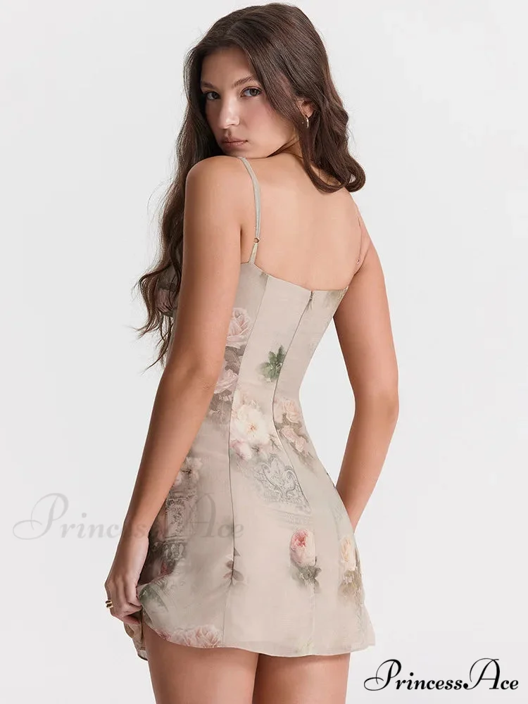 Chiffon Floral Print Spaghetti Strap Backless Boho Dress - Image 3