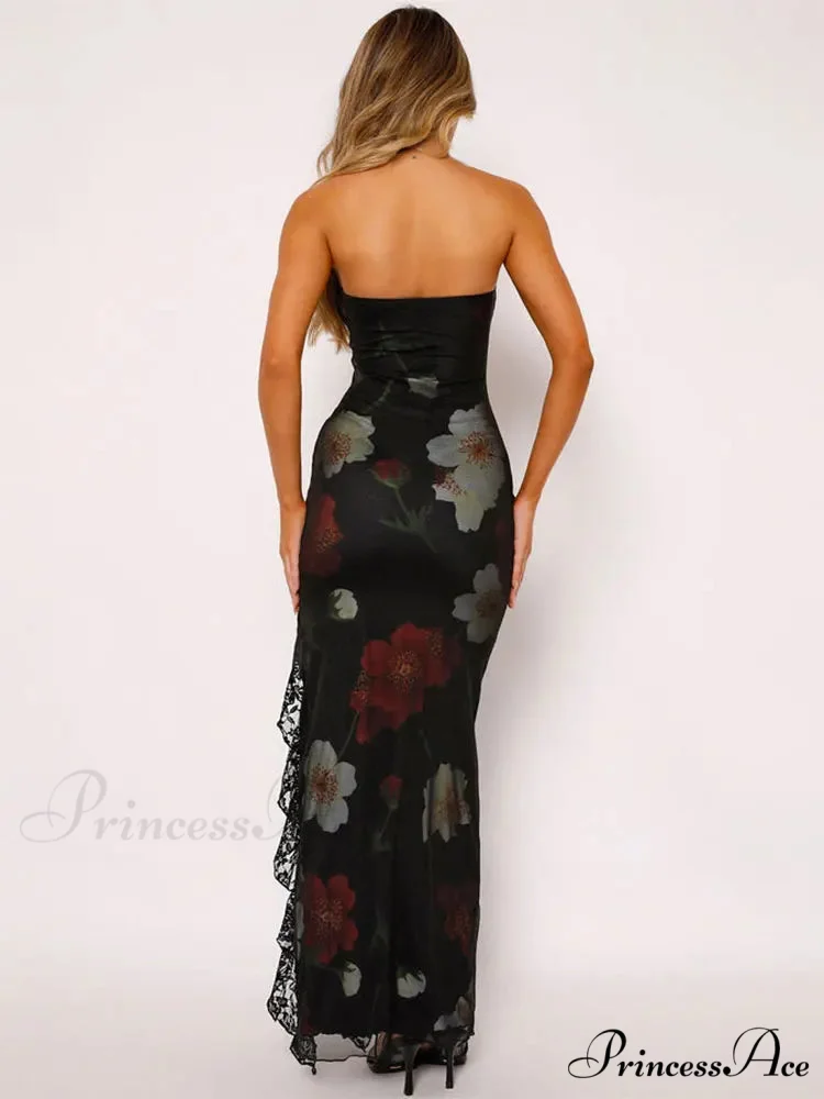 Strapless Print Lace Vent Backless Split Boho Dress - Image 4