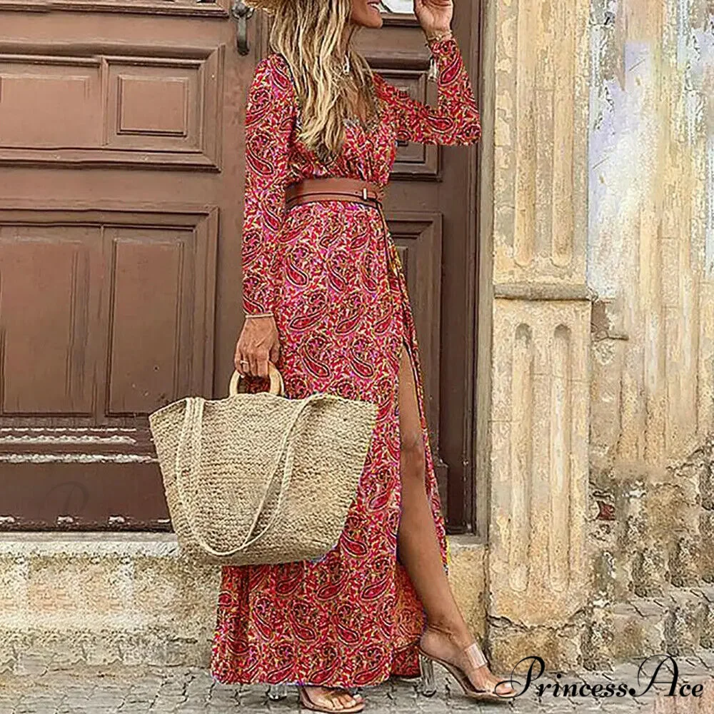 Autumn Female Short Sleeve Sexy High Split Maxi Boho Dress - Image 4