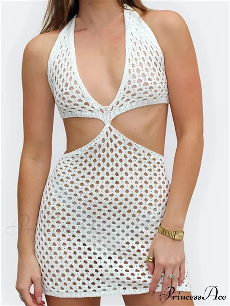 Knitted Halter Hollow Out Summer Sexy Lace Up Mini Dress - Image 4