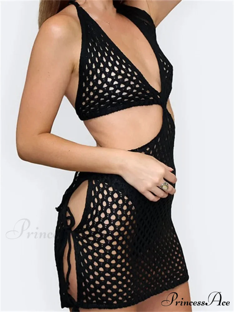 Knitted Halter Hollow Out Summer Sexy Lace Up Mini Dress - Image 5