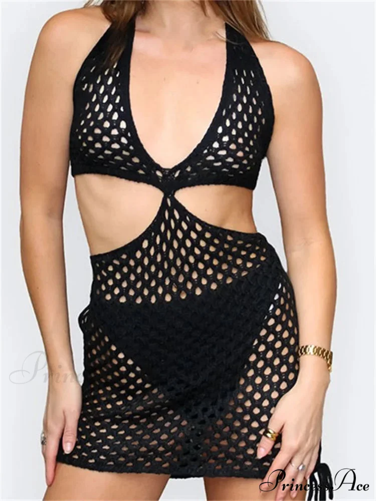 Knitted Halter Hollow Out Summer Sexy Lace Up Mini Dress - Image 6