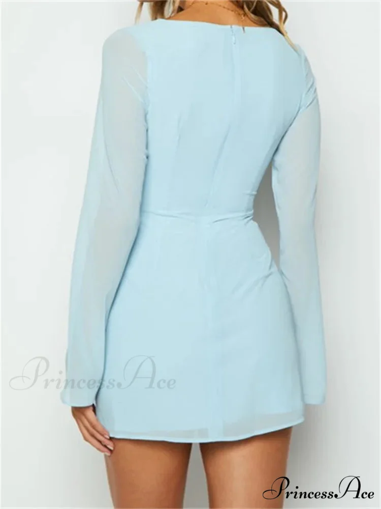 Elegant Long Sleeve Solid Casual Deep V Neck Mini Dress - Image 2