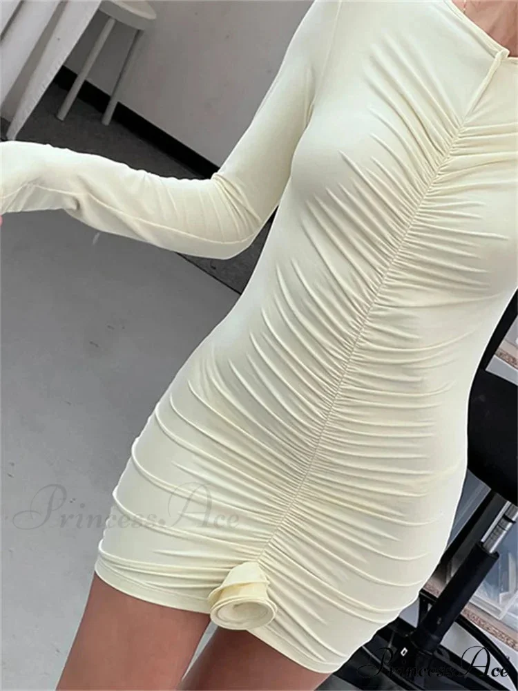 Ruched Long Sleeve Round Neck Flower Patchwork Mini Dress - Image 2
