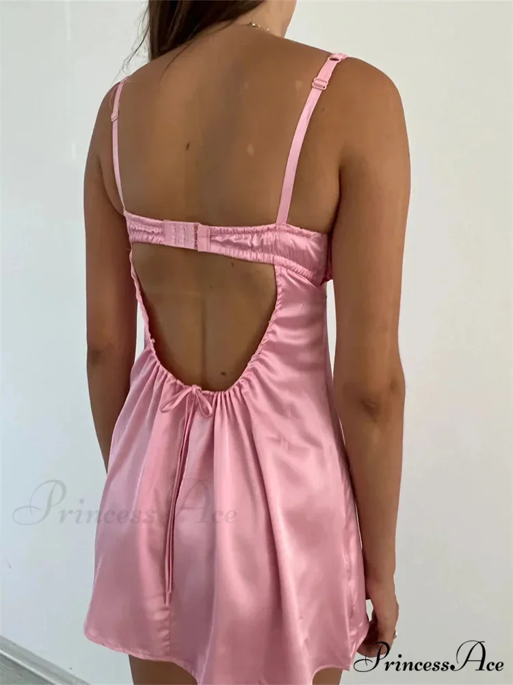 Lace Patchwork Ruched Vintage Sleeveless Strap Backless Mini Dress - Image 3