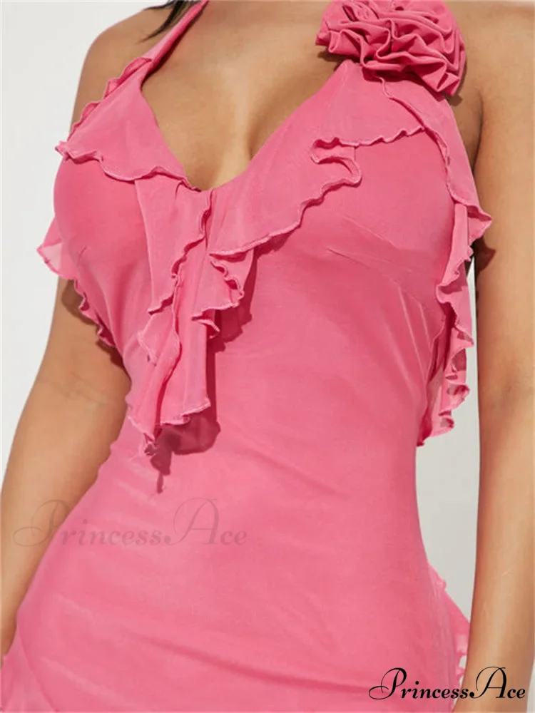 Sexy Ruffles Fairy Floral Halter Off Shoulder Backless Mini Dress - Image 4