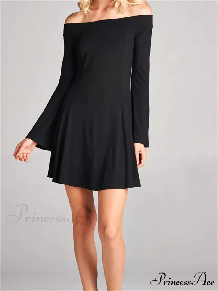 Elegant Off Shoulder Solid Color Long Sleeve Party Mini Dress - Image 2