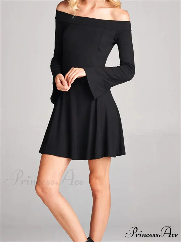 Elegant Off Shoulder Solid Color Long Sleeve Party Mini Dress - Image 3