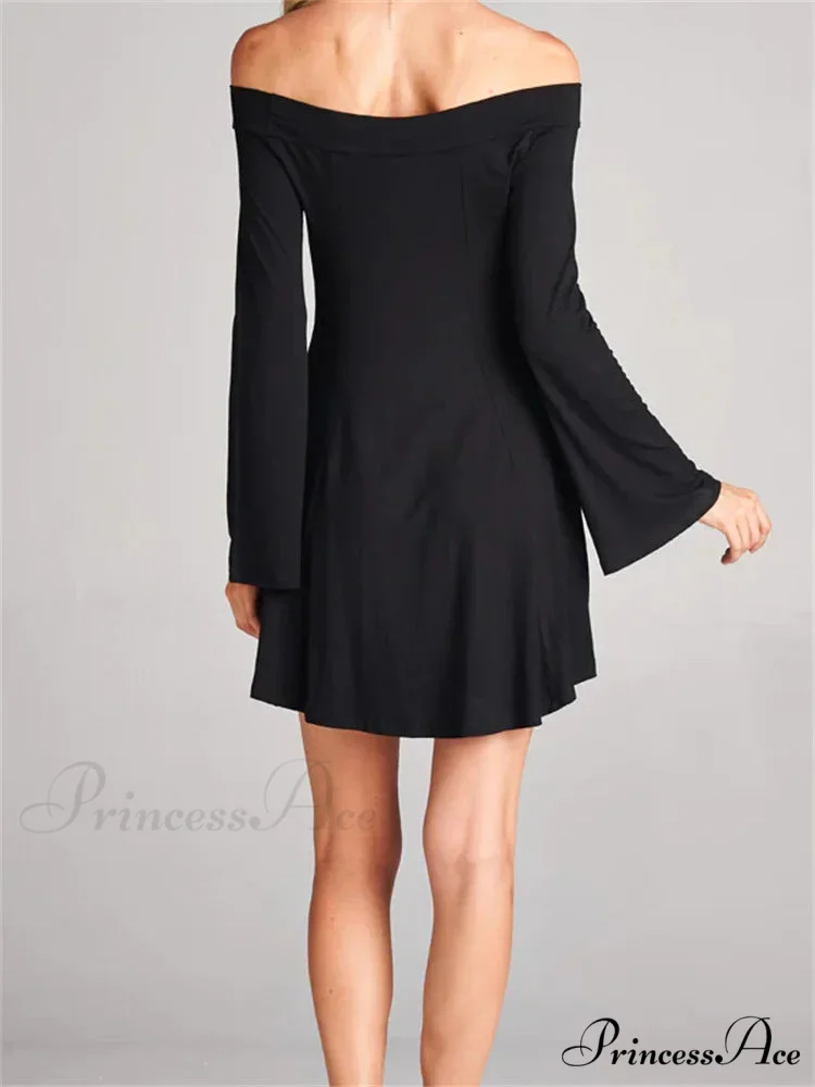 Elegant Off Shoulder Solid Color Long Sleeve Party Mini Dress - Image 5