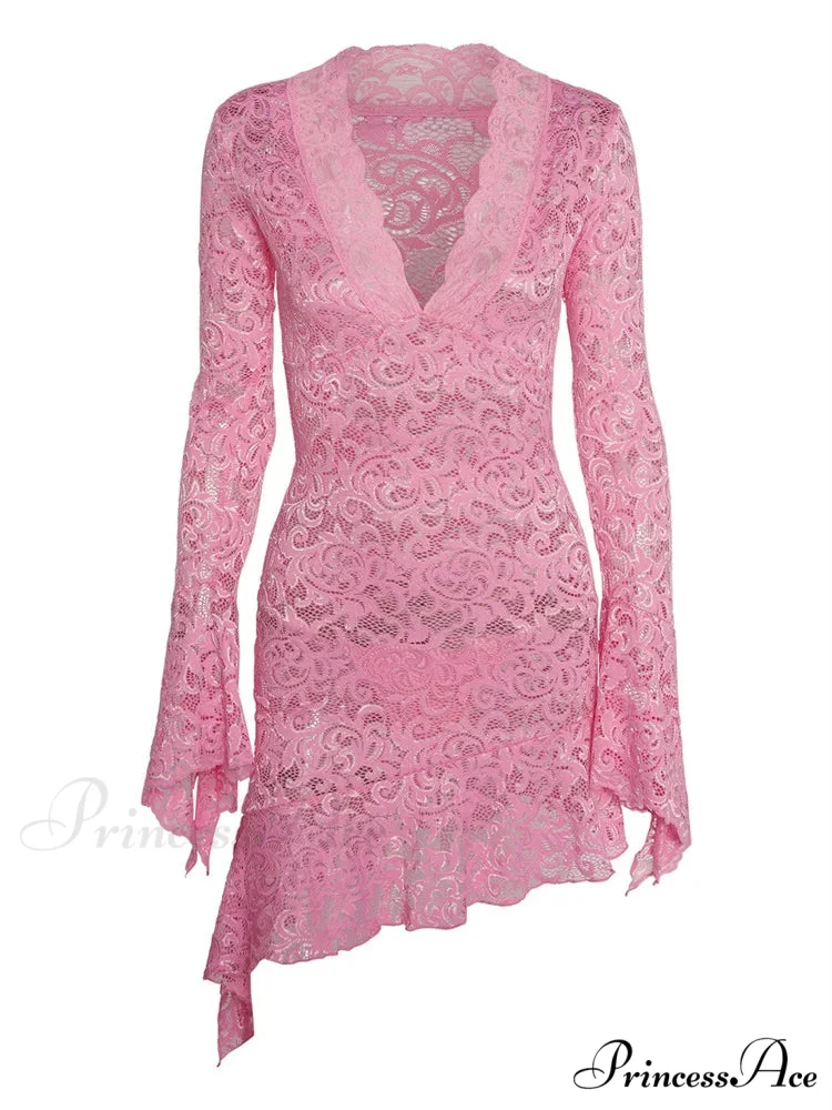 Lace Floral See Through Irregular Hem Long Flare Mini Dress - Image 5