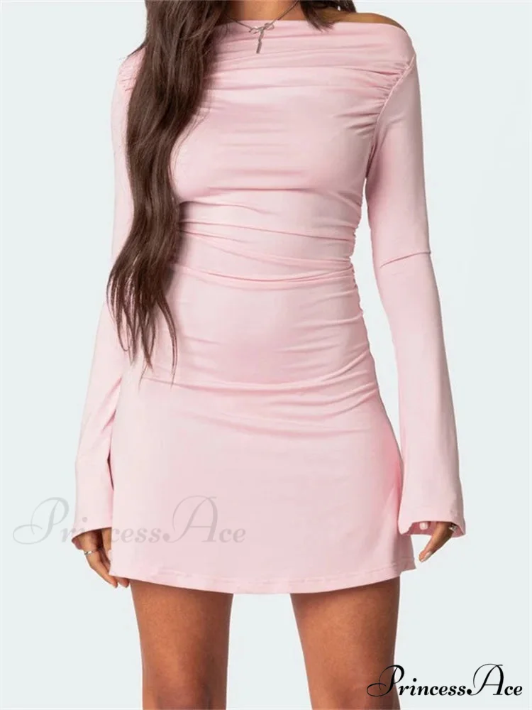 Off Shoulder Ruched Fashion Long Sleeve Irregular Neck Mini Dress - Image 2