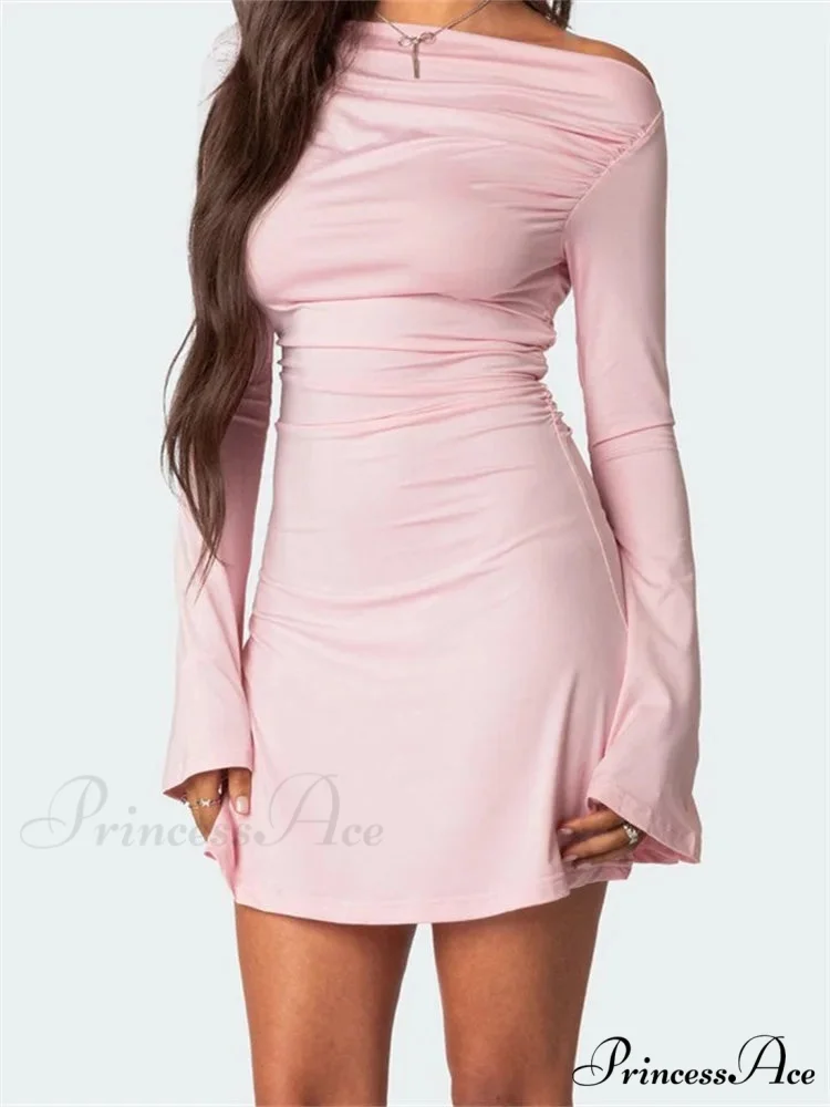 Off Shoulder Ruched Fashion Long Sleeve Irregular Neck Mini Dress - Image 3