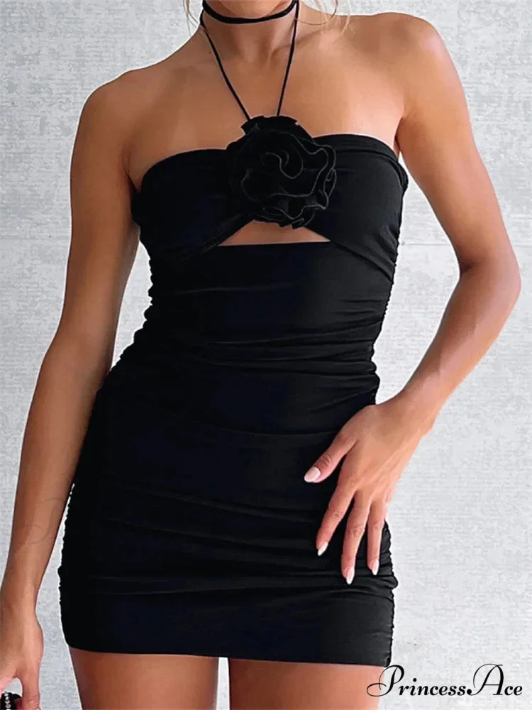 Flower Patchwork Sexy Halter Backless Off Shoulder Hollow Mini Dress - Image 3