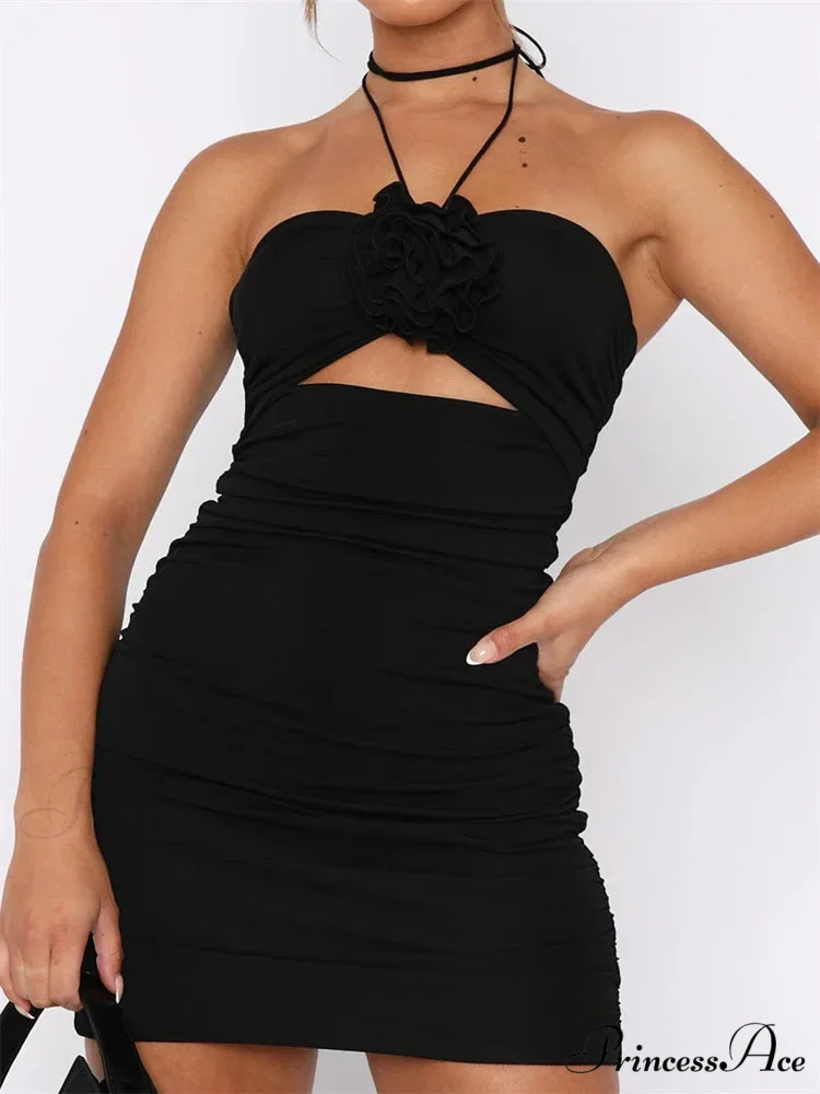 Flower Patchwork Sexy Halter Backless Off Shoulder Hollow Mini Dress - Image 4