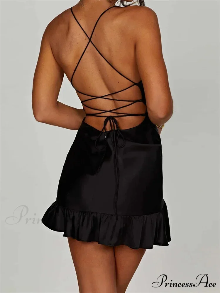 Sexy Sleeveless Strap Satin Backless Ruffles Hem Mini Dress - Image 5