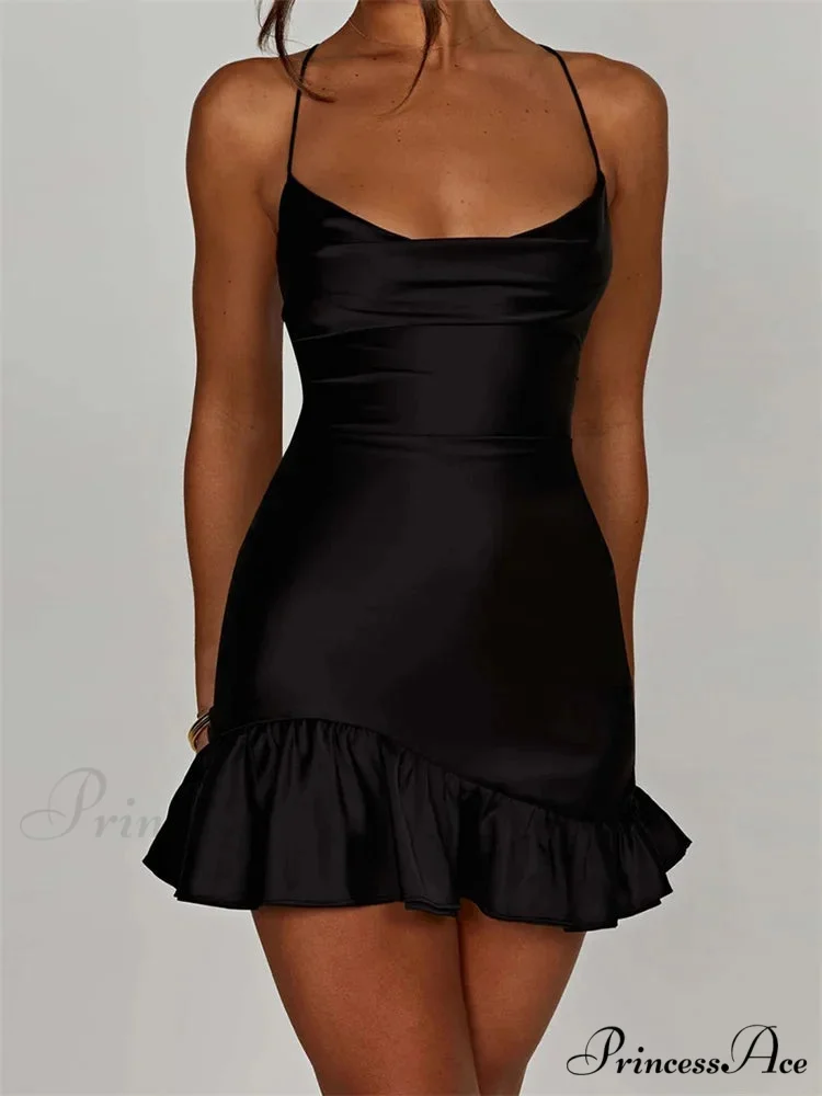 Sexy Sleeveless Strap Satin Backless Ruffles Hem Mini Dress - Image 6