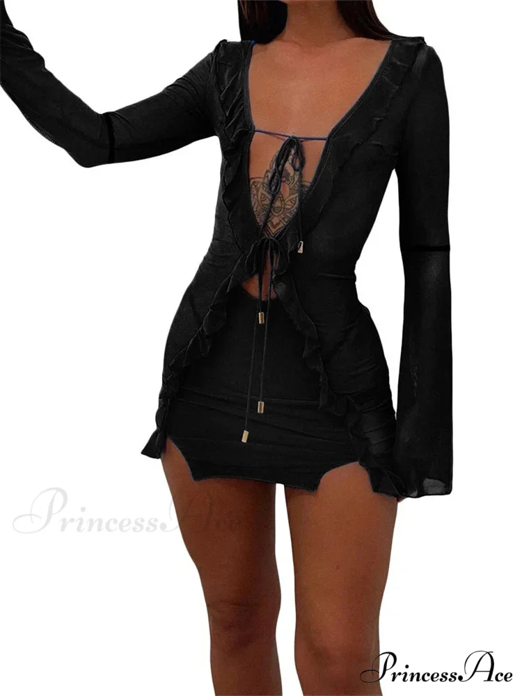 Mesh See Through Ruffles Summer Party Clubwear Mini Dress - Image 5