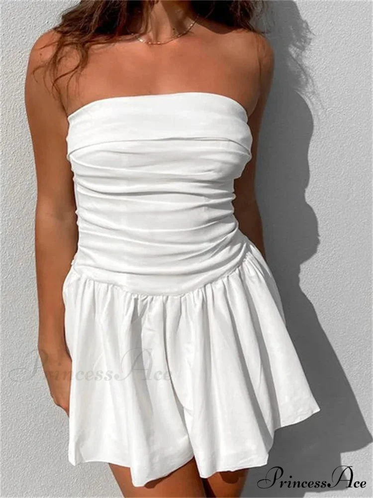 Sexy Summer Tube Strapless Off Shoulder Solid Ruched Mini Dress - Image 2