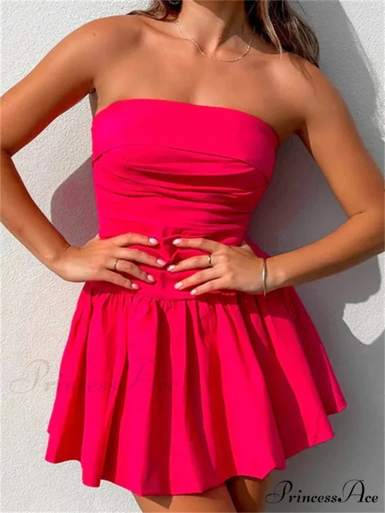 Sexy Summer Tube Strapless Off Shoulder Solid Ruched Mini Dress - Image 5