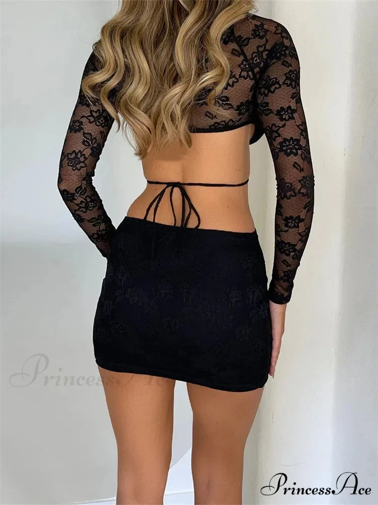 Lace Floral Casual Cutout Long Sleeve Party Mini Dress - Image 2