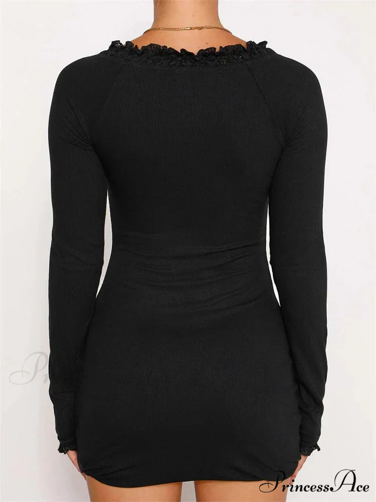 Lace Bow Patchwork Spring Autumn Ribbed Mini Dress - Image 4