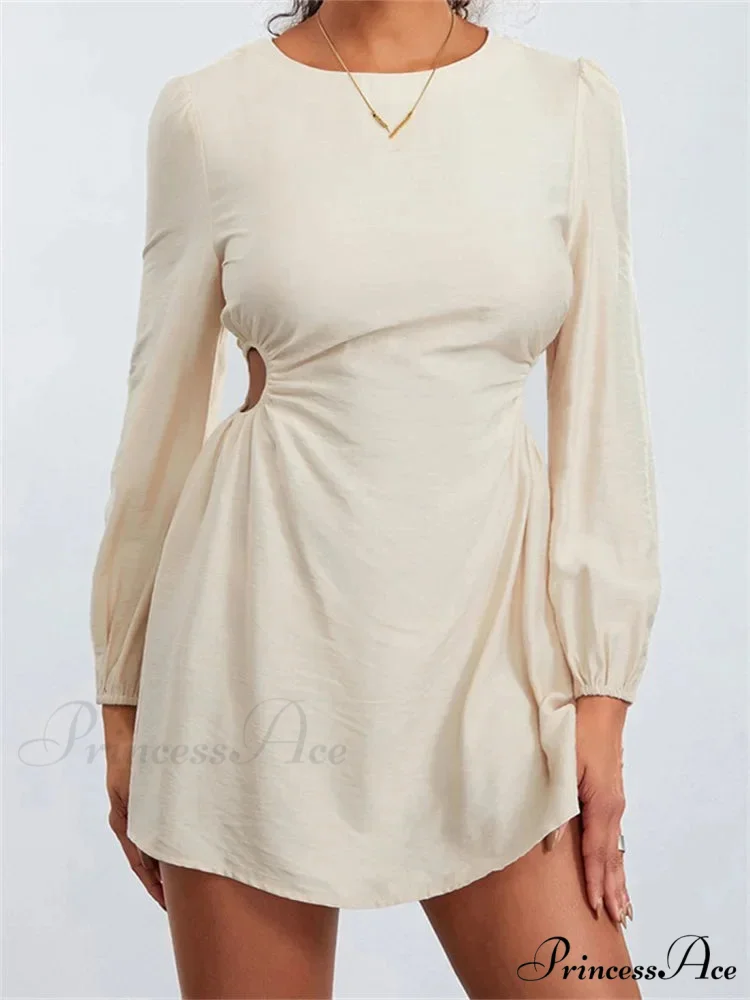 Long Sleeve Waist Hollow Out Tie up Mini Dress - Image 3