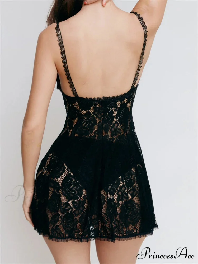 Sexy Lace See Through V Neck Sleeveless Mini Dress - Image 2