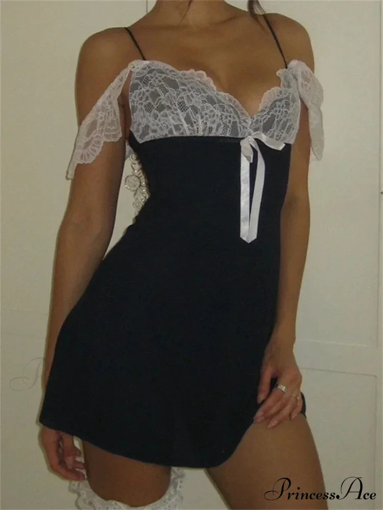 Lace Patchwork Deep V neck Sleeveless Strap Mini Dress - Image 5