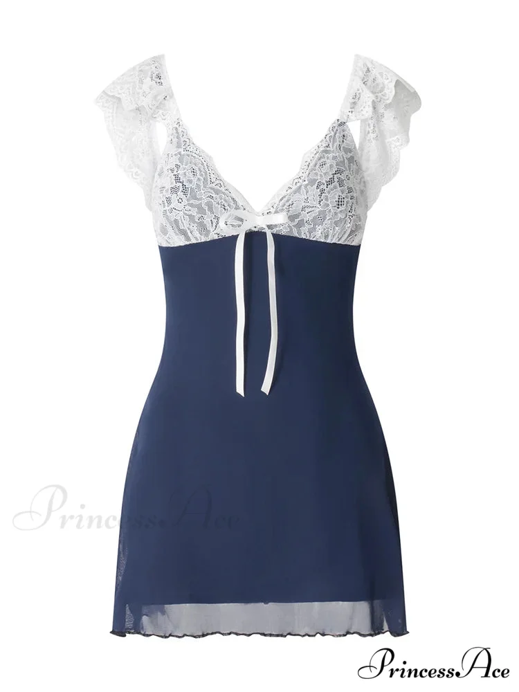 Lace Patchwork Deep V neck Sleeveless Strap Mini Dress - Image 6
