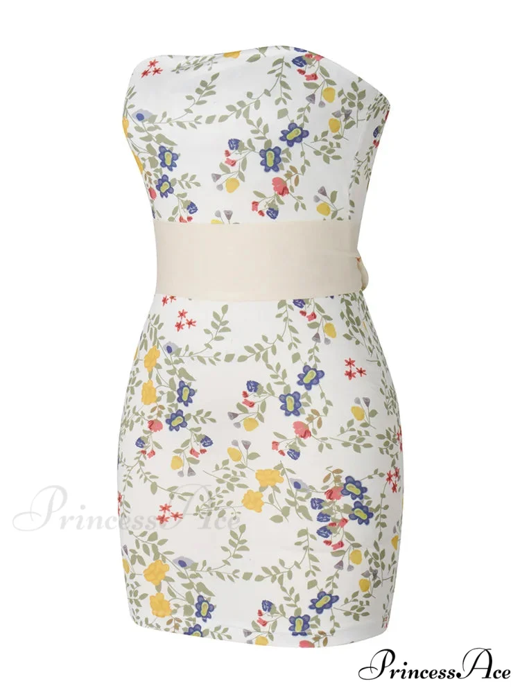 Strapless Off Shoulder Tube Sexy Floral Print Slim Mini Dress - Image 3