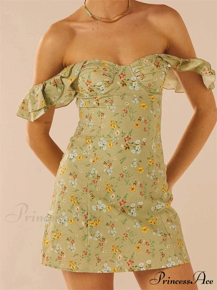 Off Shoulder Casual Sleeveless Floral Print Ruffle Trim Mini Dress - Image 3