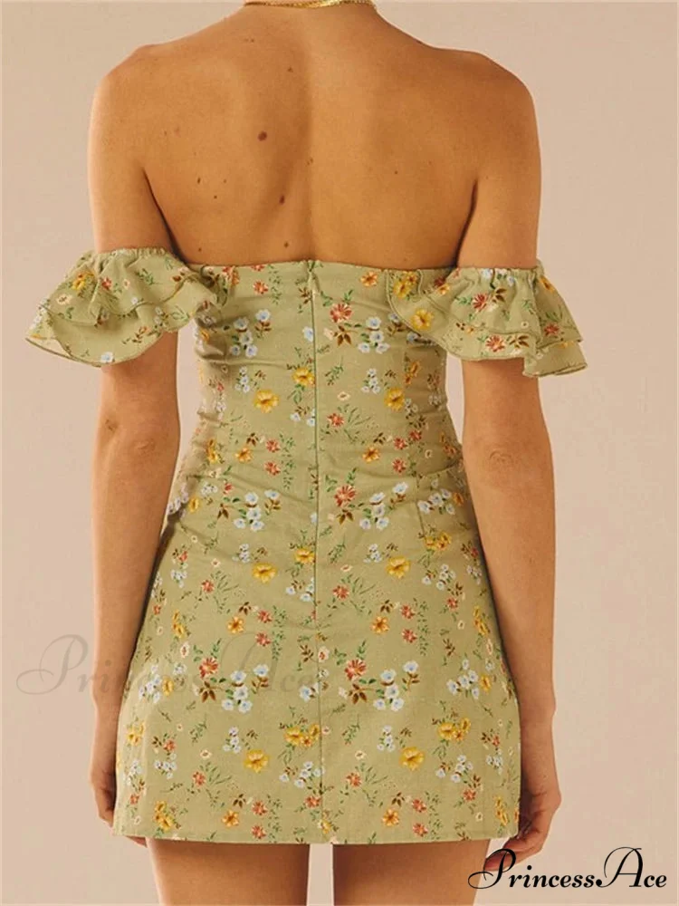 Off Shoulder Casual Sleeveless Floral Print Ruffle Trim Mini Dress - Image 4