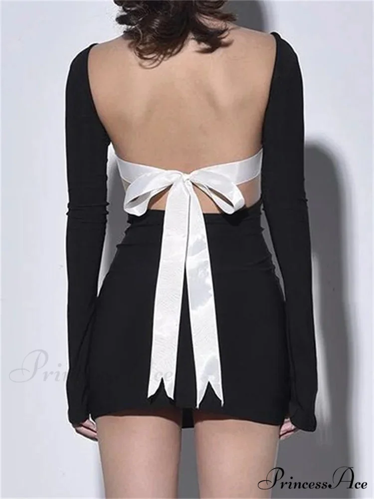 Autumn Slim Fit Backless Black Long Mini Dress - Image 2