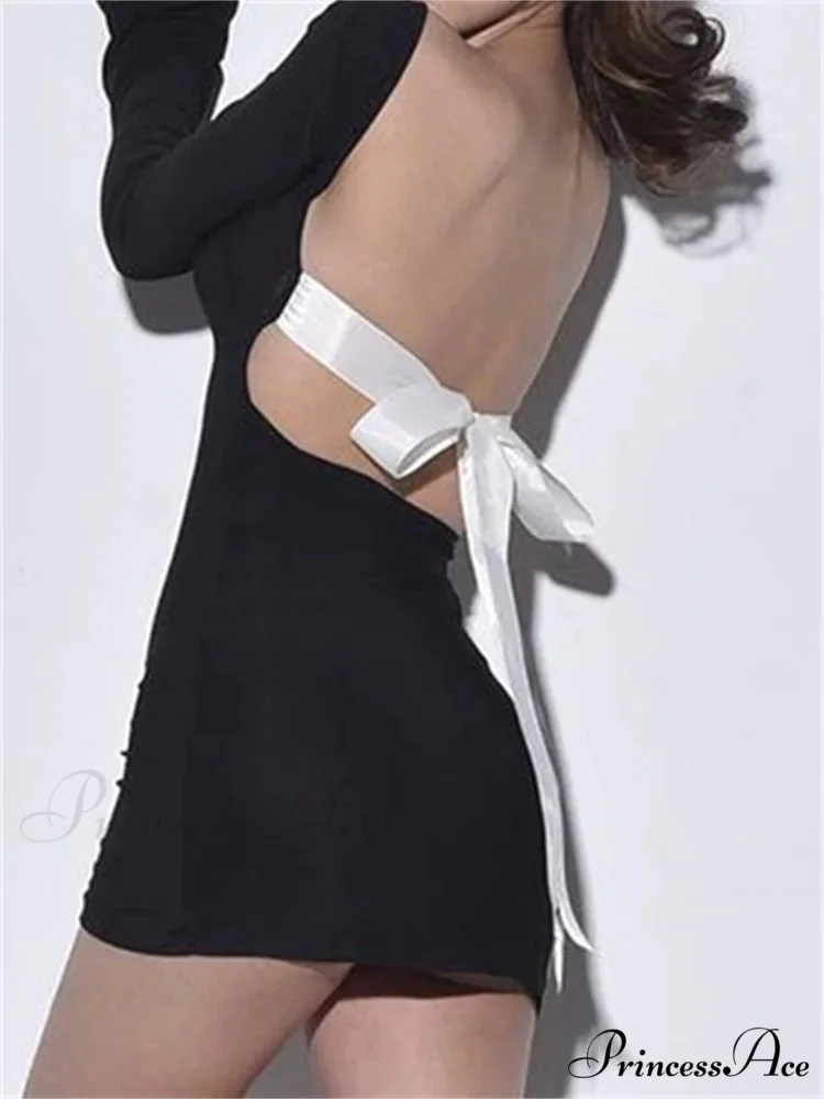 Autumn Slim Fit Backless Black Long Mini Dress - Image 3