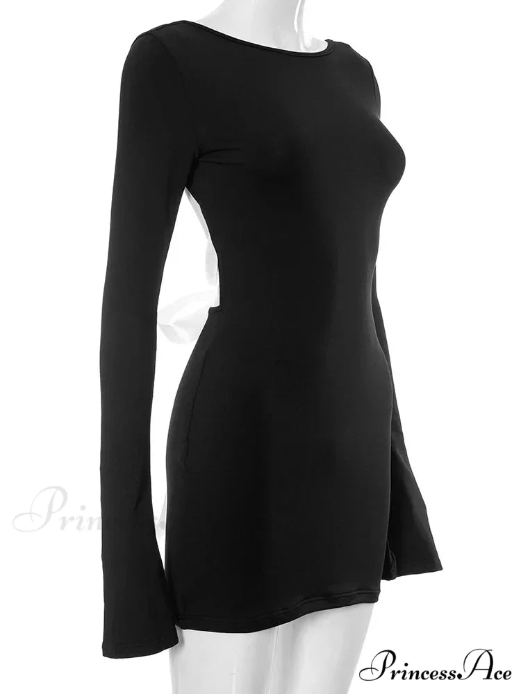 Autumn Slim Fit Backless Black Long Mini Dress - Image 5