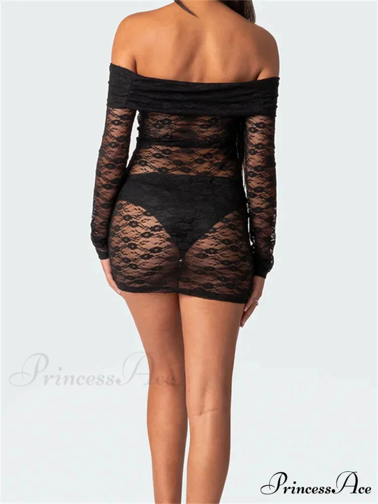 Sexy Off Shoulder Lace Fashion Long Sleeve Mini Dress - Image 3