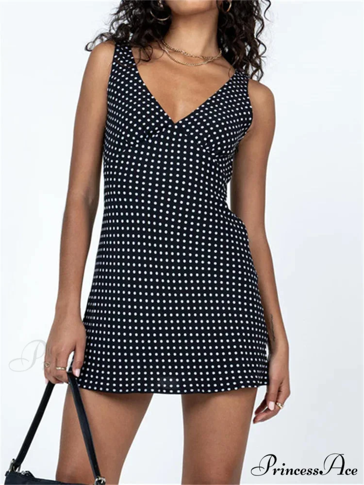 Tank Sleeveless Deep V Neck Dot Print Casual Mini Dress - Image 2