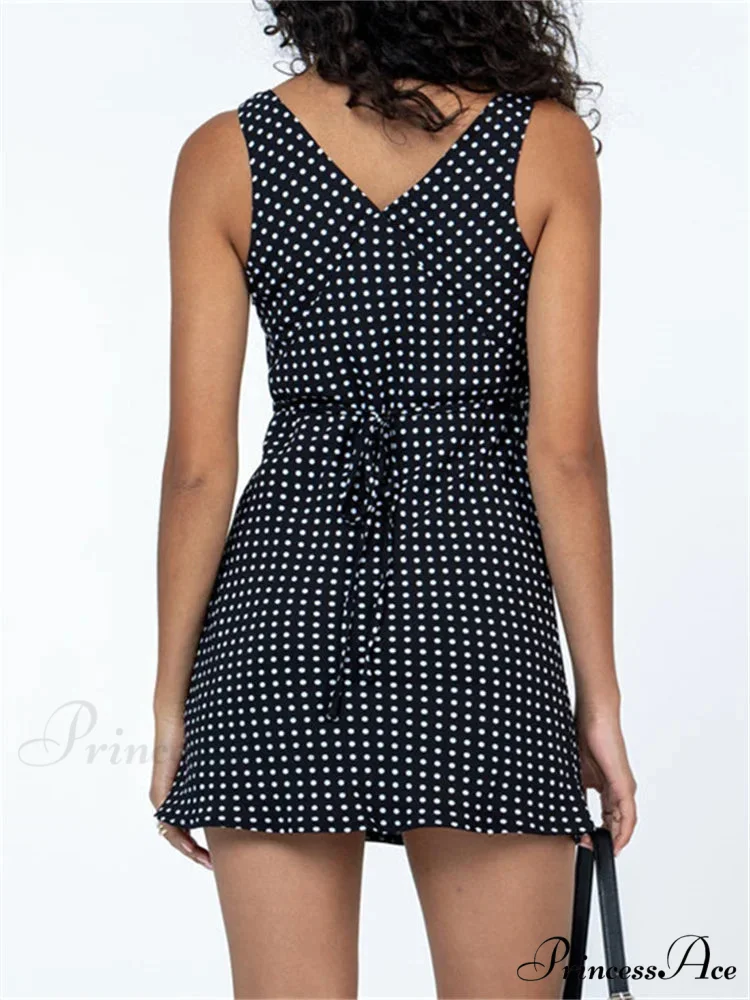 Tank Sleeveless Deep V Neck Dot Print Casual Mini Dress - Image 3