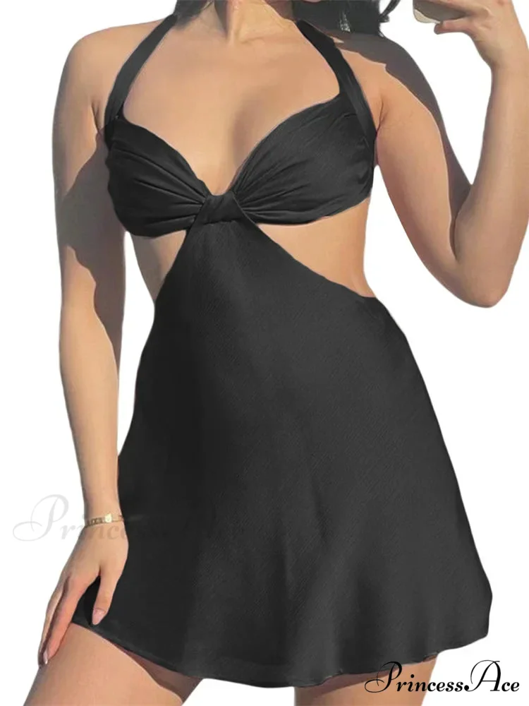 Spaghetti Strap Backless Satin Halter Hollow Out Mini Dress - Image 3