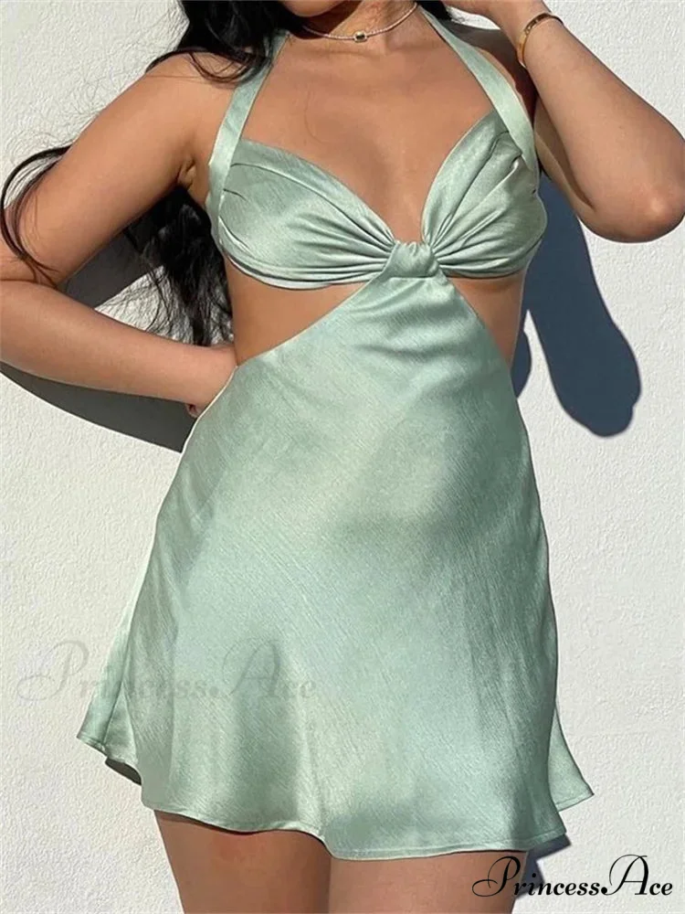 Spaghetti Strap Backless Satin Halter Hollow Out Mini Dress - Image 7