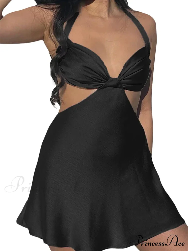 Spaghetti Strap Backless Satin Halter Hollow Out Mini Dress - Image 8