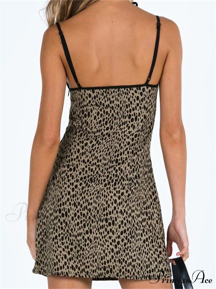 Spaghetti Strap Sleeveless Summer Leopard Print Party Mini Dress - Image 3
