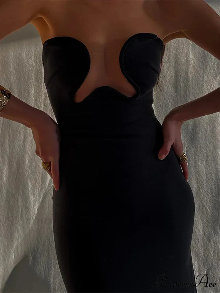 Women Elegant Low Cut Black Solid Sleeveless Satrpless Off Shoulder Push Up High Split Vestidos Party - Image 2
