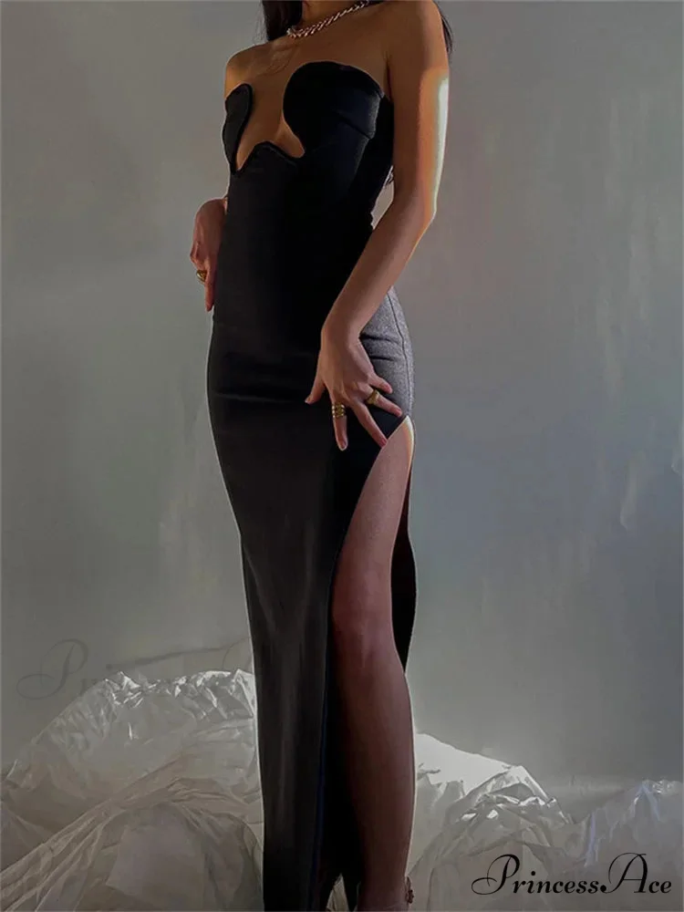 Women Elegant Low Cut Black Solid Sleeveless Satrpless Off Shoulder Push Up High Split Vestidos Party - Image 3