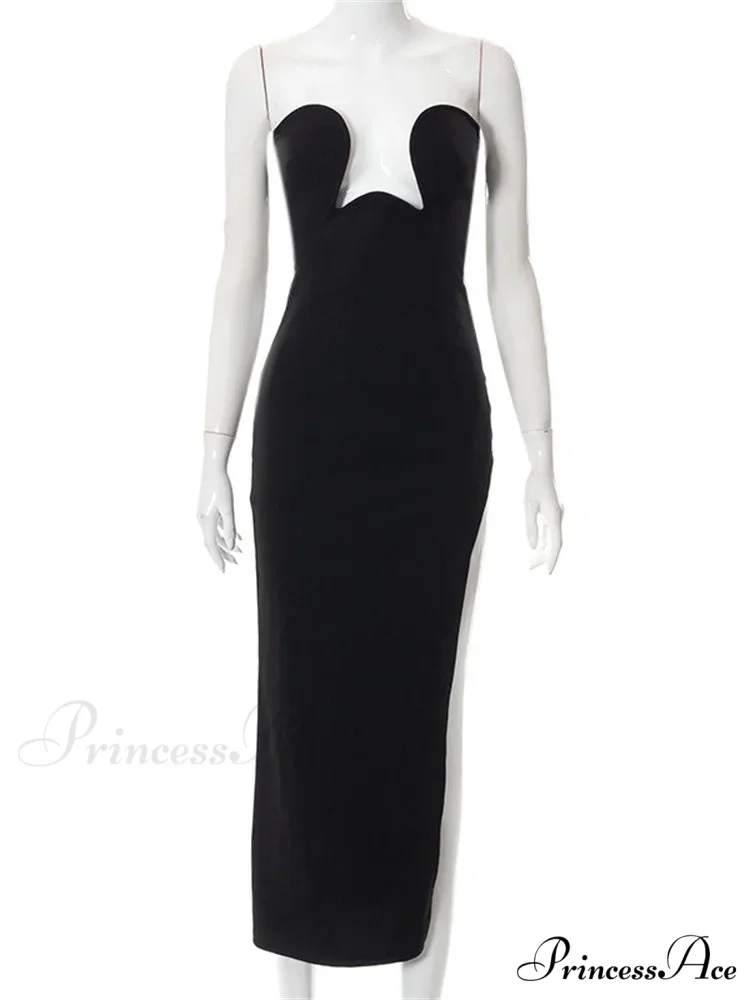 Women Elegant Low Cut Black Solid Sleeveless Satrpless Off Shoulder Push Up High Split Vestidos Party - Image 5