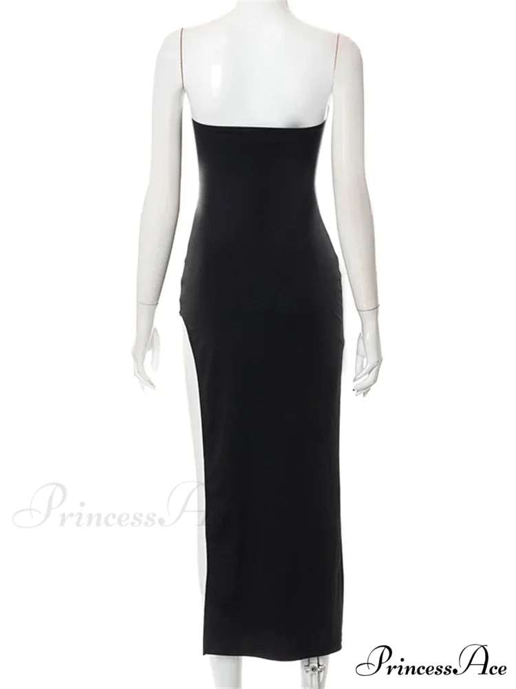 Women Elegant Low Cut Black Solid Sleeveless Satrpless Off Shoulder Push Up High Split Vestidos Party - Image 6