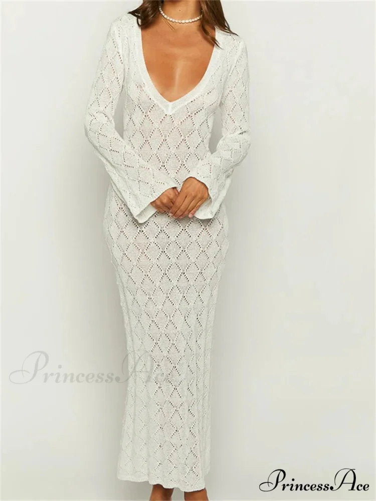 Women Crochet Knitted Sleeve Hollow Out V-neck Backless Lace-up Beach Cover Ups Summer Vestidos - Image 2