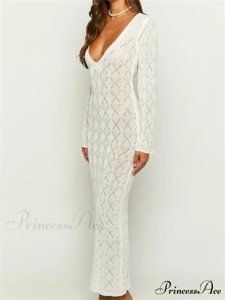 Women Crochet Knitted Sleeve Hollow Out V-neck Backless Lace-up Beach Cover Ups Summer Vestidos - Image 3