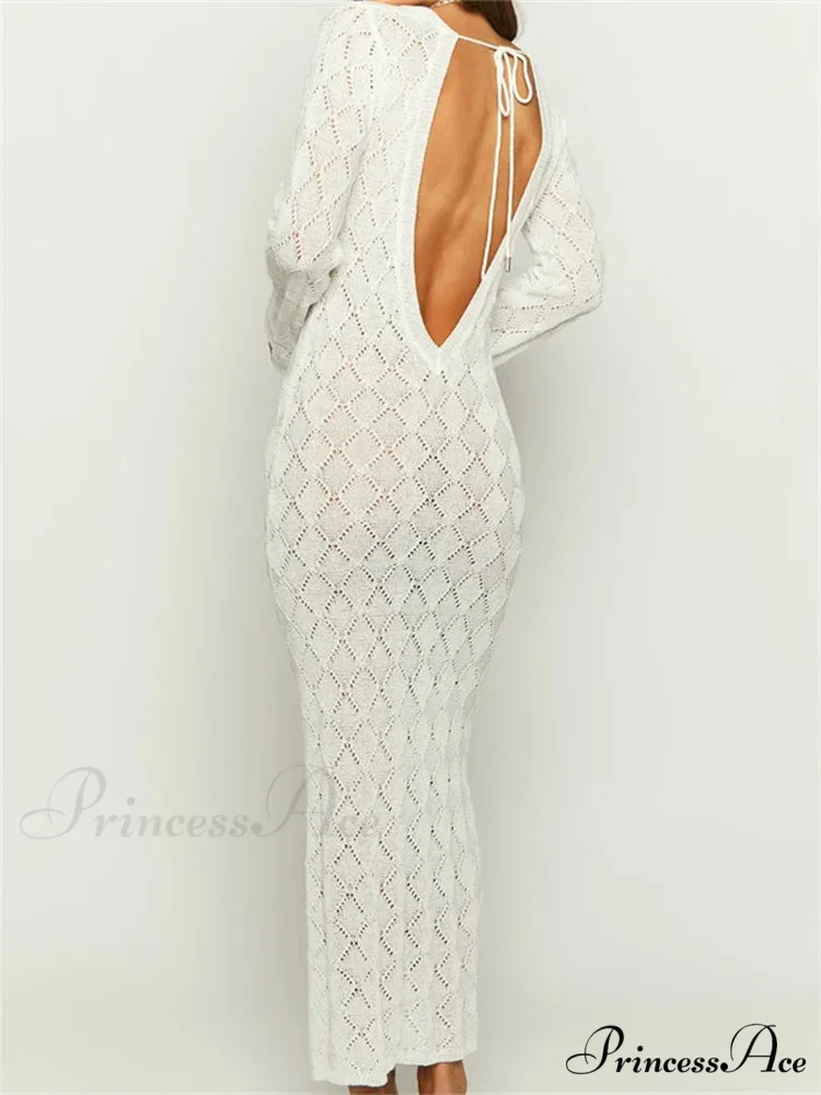 Women Crochet Knitted Sleeve Hollow Out V-neck Backless Lace-up Beach Cover Ups Summer Vestidos - Image 4